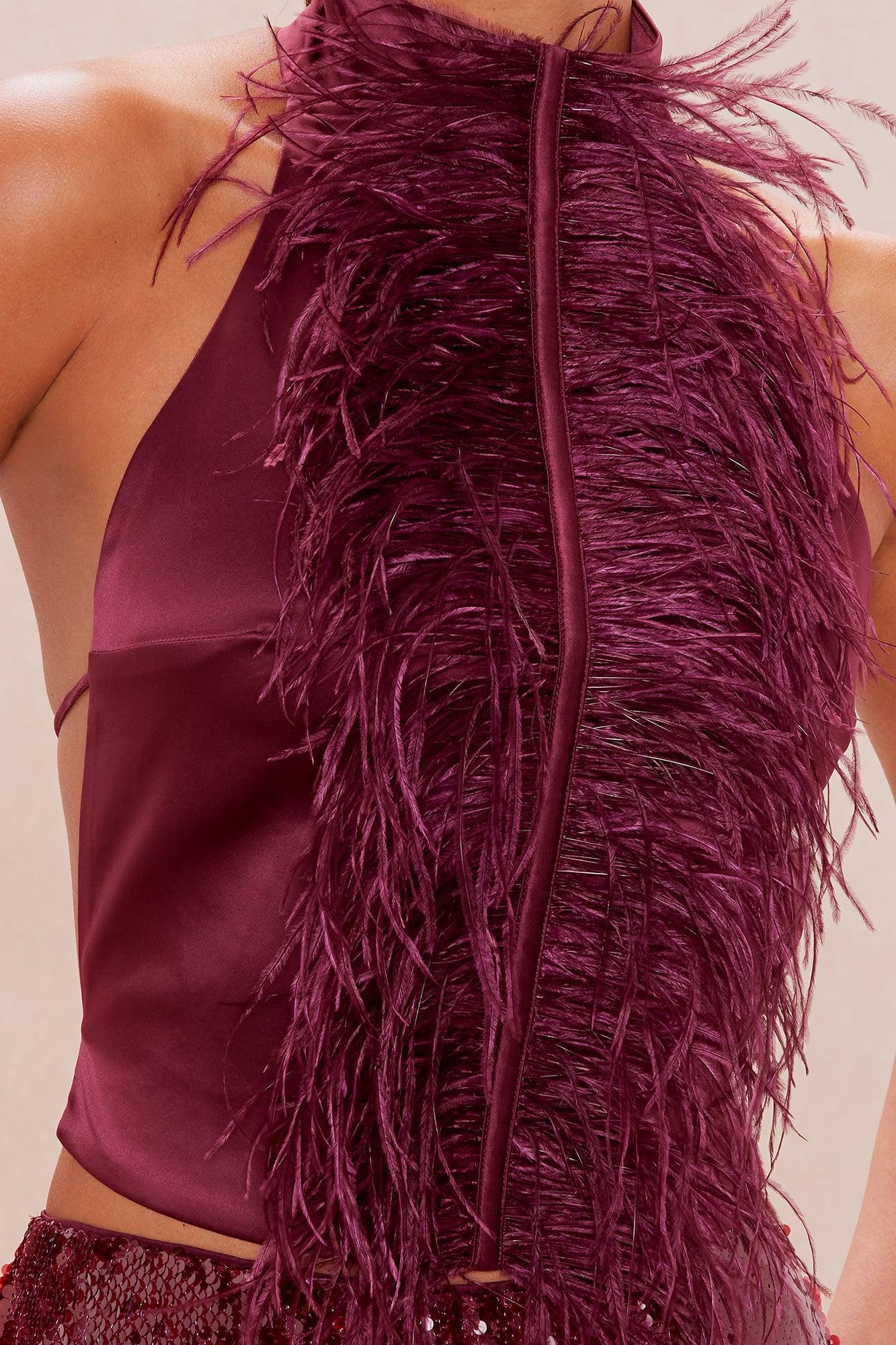 Miranda Feather Halter Top - Burgundy Female Product Image