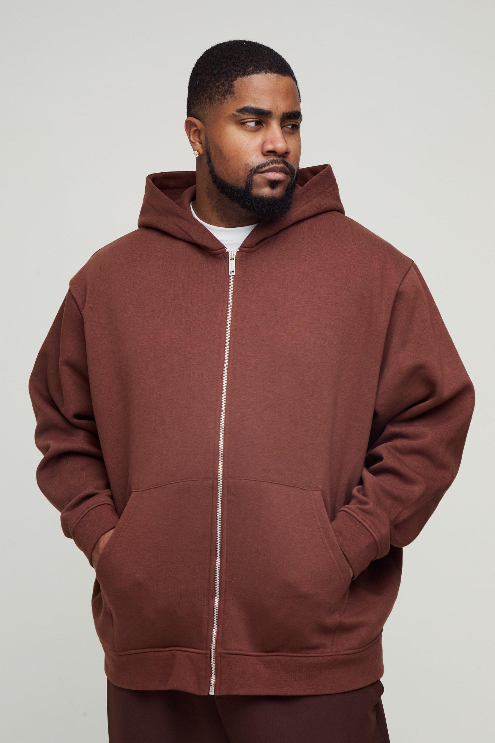 Mens Plus 330GSM Oversized Basic Zip Through Hoodie - Brown Product Image