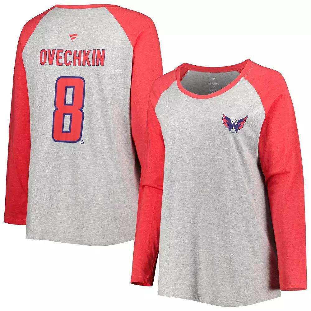 Women's Fanatics Branded Alexander Ovechkin Heather Gray/Heather Red Washington Capitals Plus Size Name & Number Raglan Long Sleeve T-Shirt, Size: 1XL, Grey Product Image