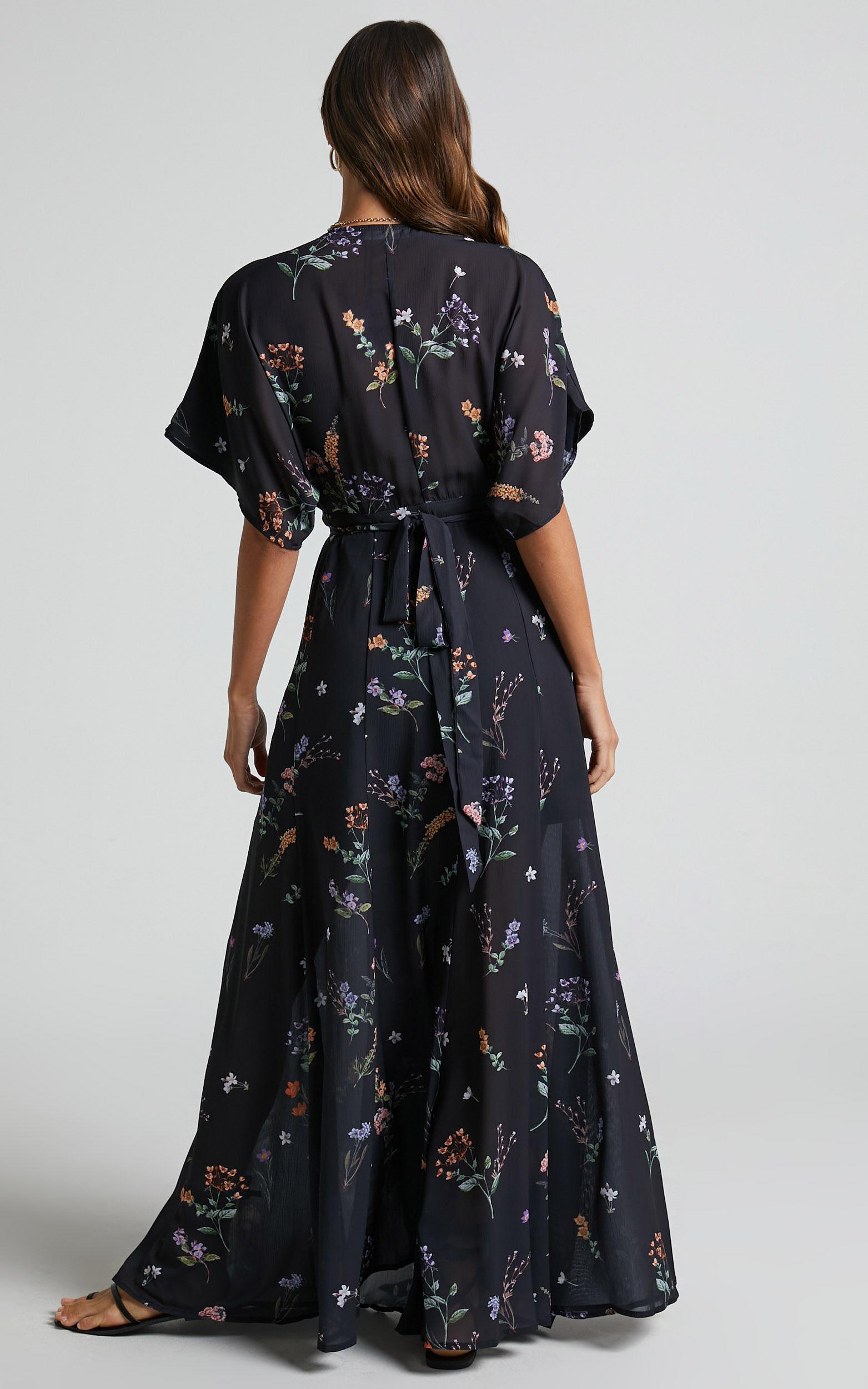 Erenza Maxi Dress - Extended Sleeve Wrap Dress in Black Flower Field Product Image