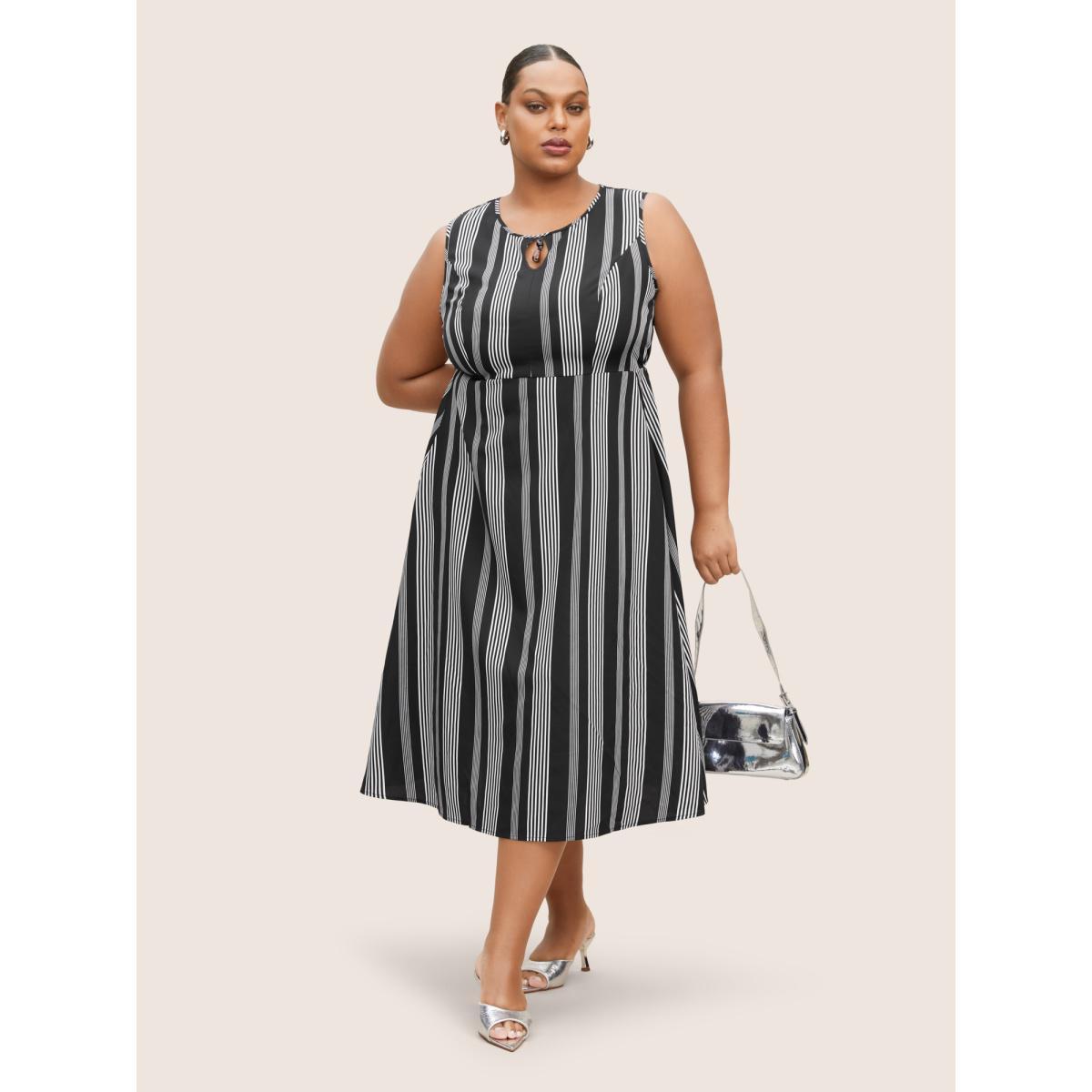 Plus Size Striped Round Neck Sleeveless Dress Black Women At the Office Non Round Neck Sleeveless Curvy BloomChic 10/M Product Image