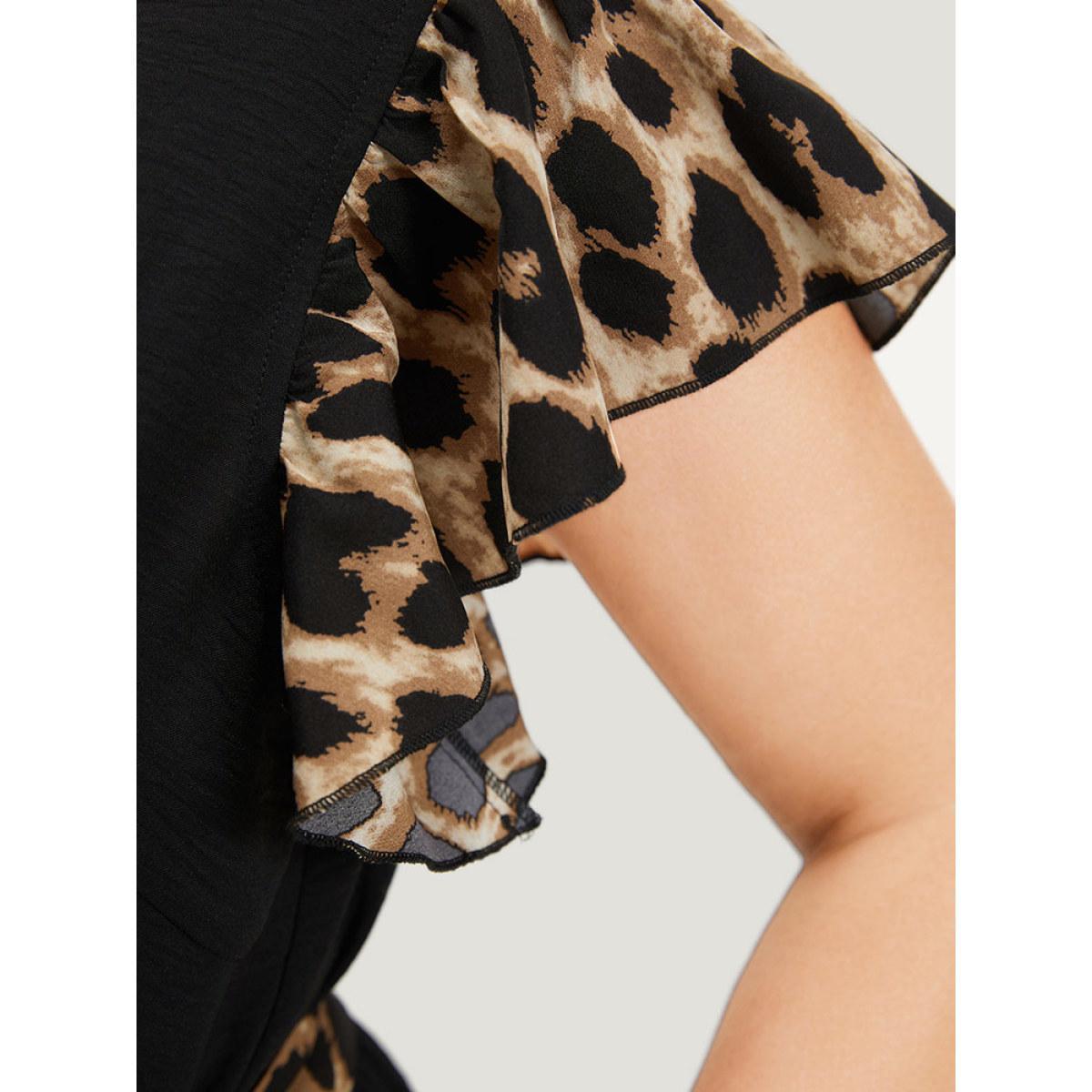 Plus Size DarkBlue Leopard Patchwork Pocket Belted Ruffle Sleeve Jumpsuit Women Office Sleeveless Round Neck Work Loose Jumpsuits BloomChic 26/4X Product Image