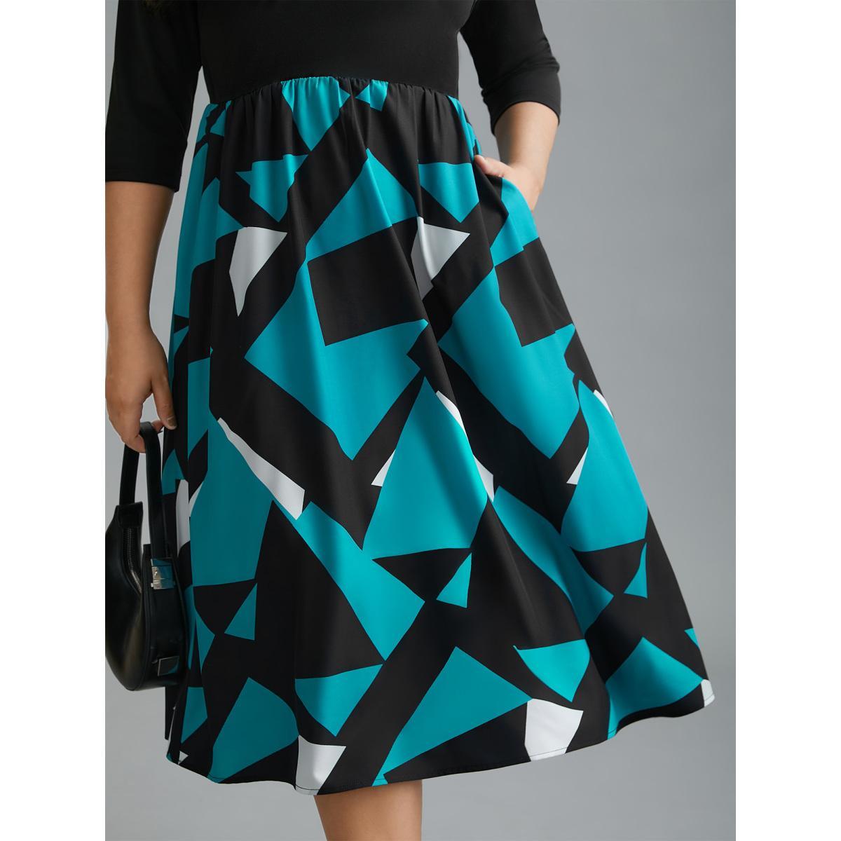 Plus Size V-Neck Geometric Color Contrast Dress Black Women At the Office Patchwork V-neck Elbow-length sleeve Curvy BloomChic 28/5X Product Image