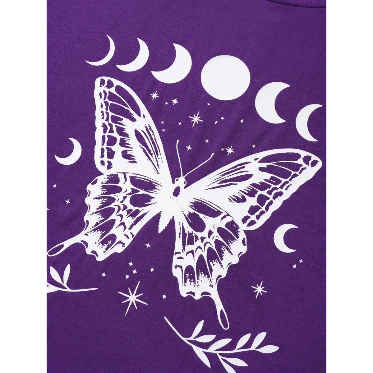Plus Size Butterfly & Moon Print Round Neck T-shirt Eggplant Women Casual Non Star and moon Everyday T-shirts BloomChic 10/M Product Image