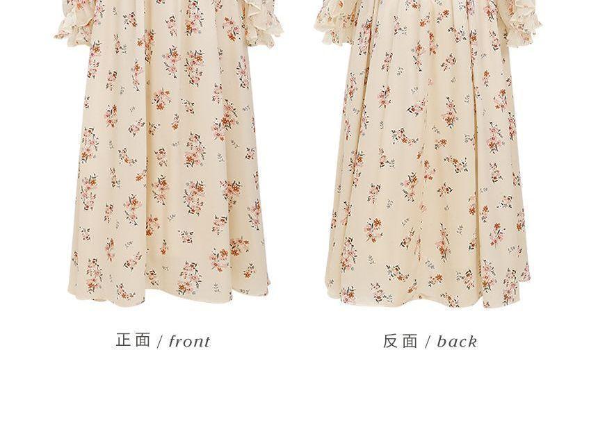Long-Sleeve V-Neck Floral Midi A-Line Dress Product Image