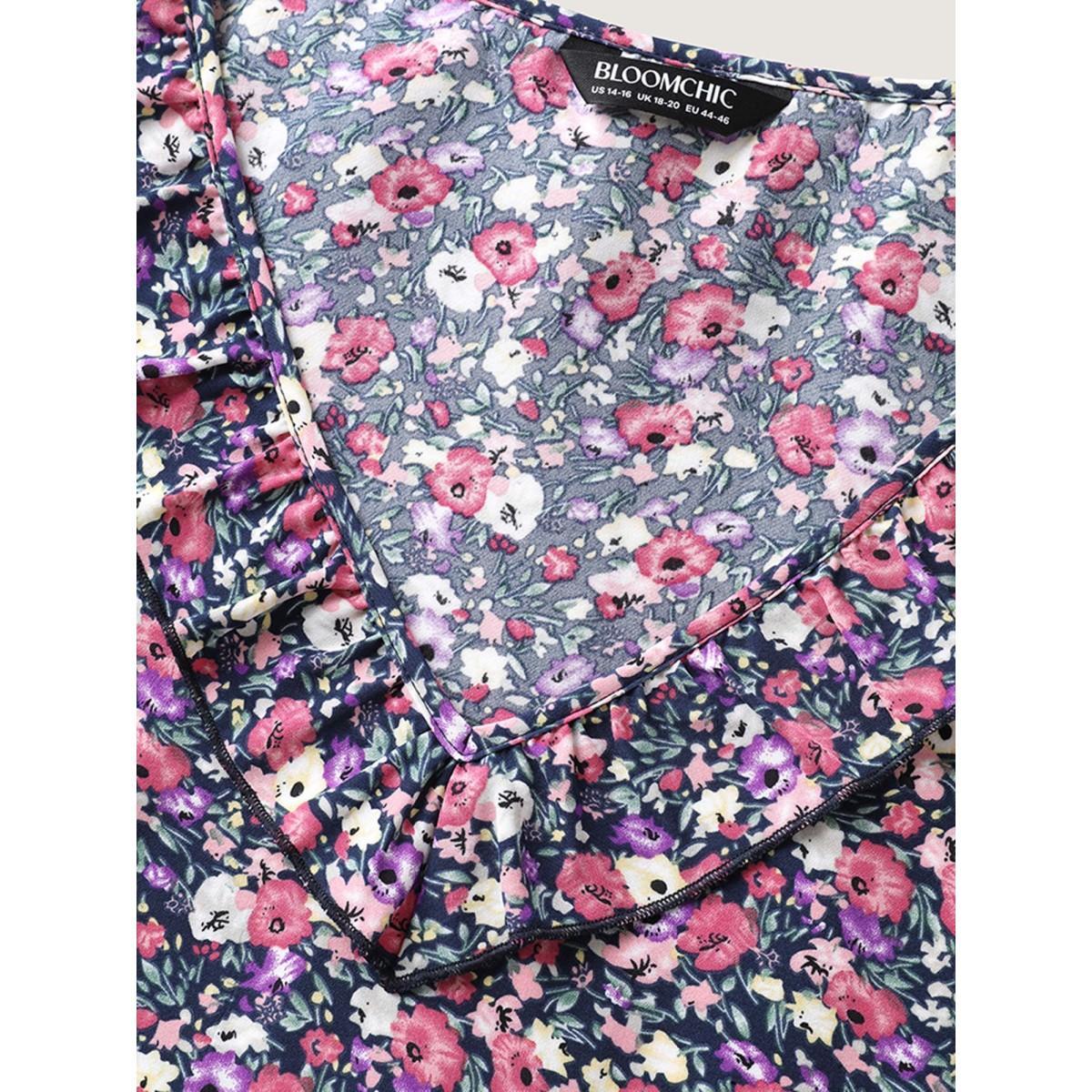 Plus Size Floral Print Lotus Neck Tank Top Women Indigo Ruffles V-neck Everyday-Elegant Tank Tops Camis BloomChic 26/4X Product Image