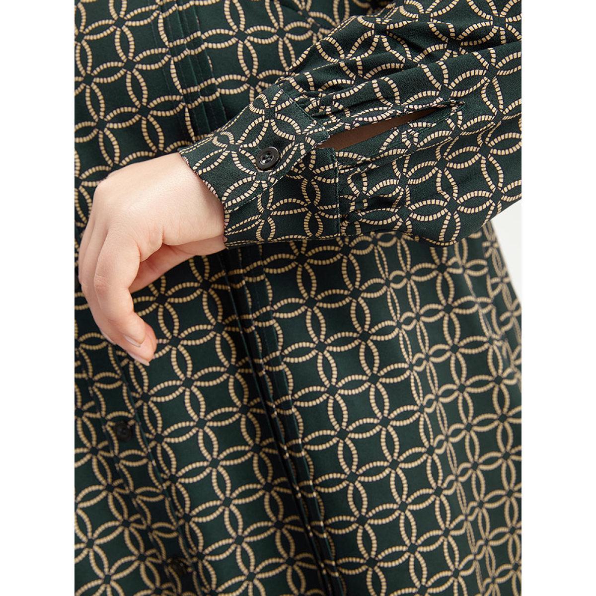 Plus Size ArmyGreen Geometric Graphic Pleated Detail Blouse Women Office Long Sleeve V-neck Work Blouses BloomChic 14-16/1X Product Image
