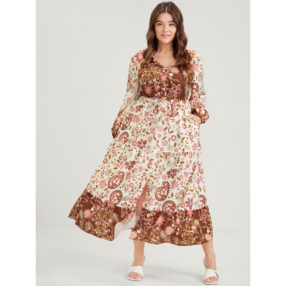 Plus Size Floral Lantern Sleeve Pocket Split Tie Flutter Midi Dress WhiteSmoke Women Vacation Gathered V-neck Long Sleeve Curvy Midi Dress BloomChic 12/L Product Image