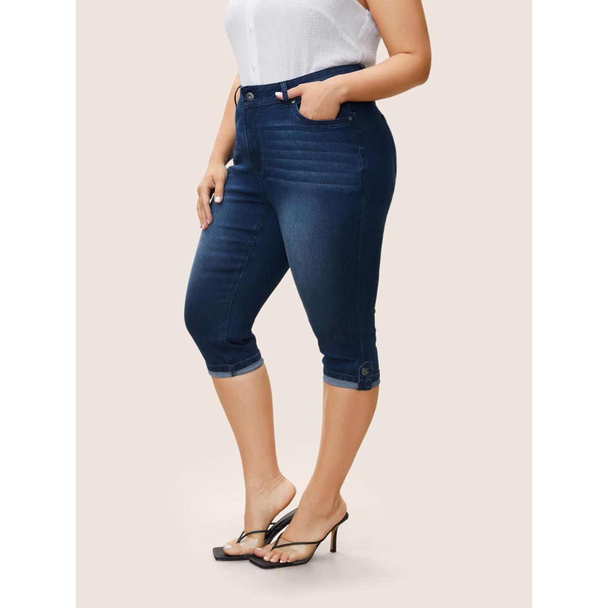 Plus Size Plain Roll Hem Skinny Cropped Jeans Women Indigo Casual Plain Non High stretch Slanted pocket Jeans BloomChic 22/3X Product Image