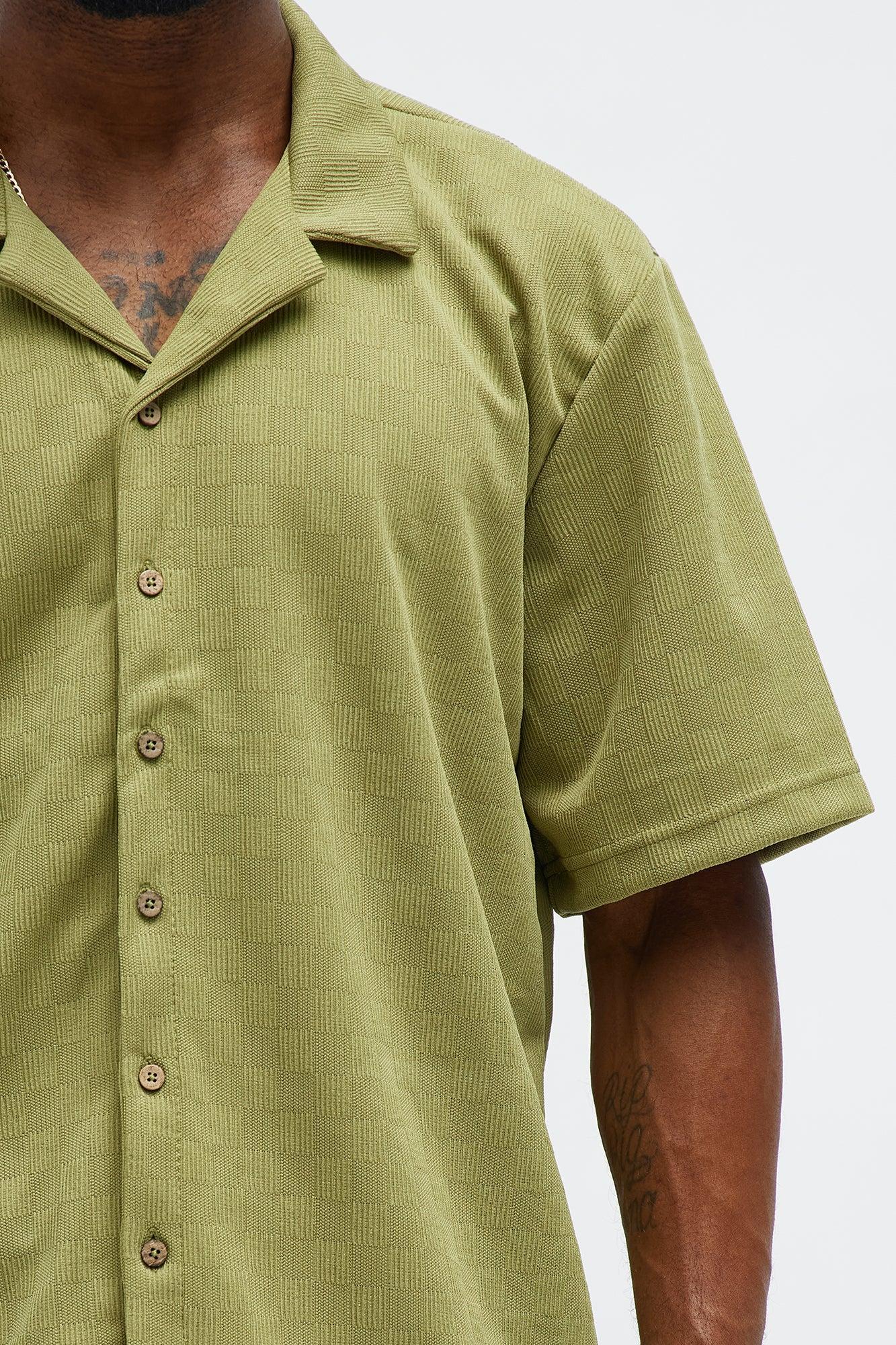 Checker Texture Cuban Button Up Shirt - Olive Product Image