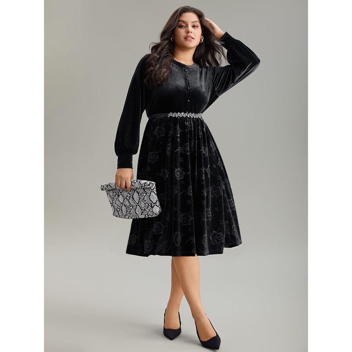 Plus Size Solid Velvet Button Detail Pocket Dress Black Women Office Plain Round Neck Long Sleeve Curvy Midi Dress BloomChic 28/5X Product Image