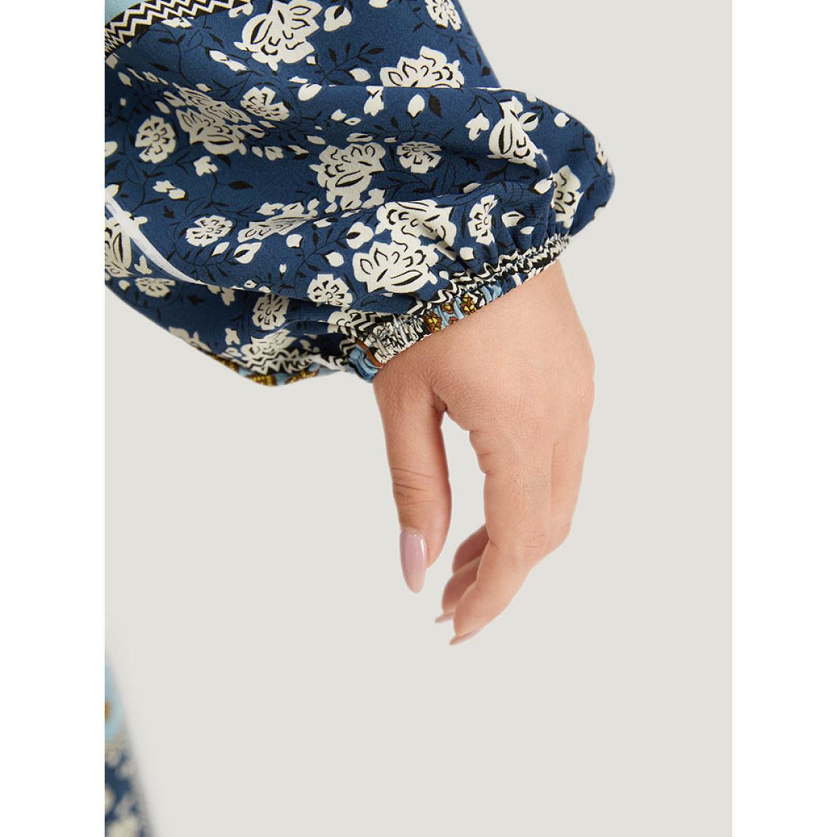 Plus Size Bandana Print Patchwork Ties Pocket Lantern Sleeve Dress Stone Women Vacation Elastic cuffs Square Neck Long Sleeve Curvy Midi Dress BloomChic 14-16/1X Product Image
