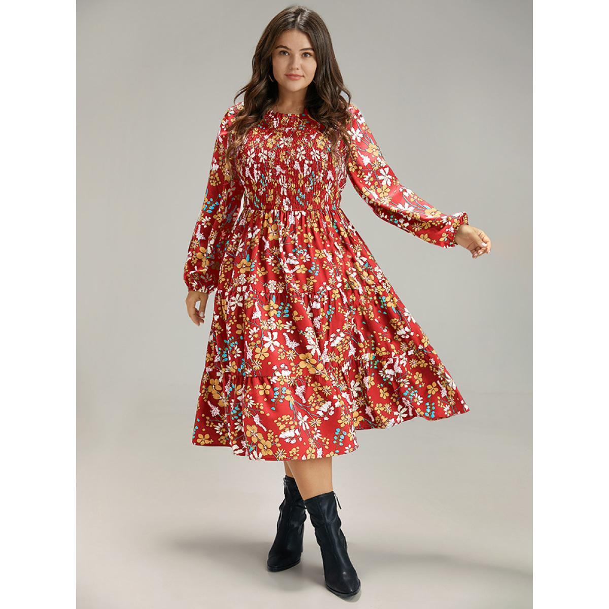 Plus Size Floral Print Keyhole Shirred Dress Salmon Women Elegant Elastic cuffs Mock Neck Long Sleeve Curvy Midi Dress BloomChic 28/5X Product Image