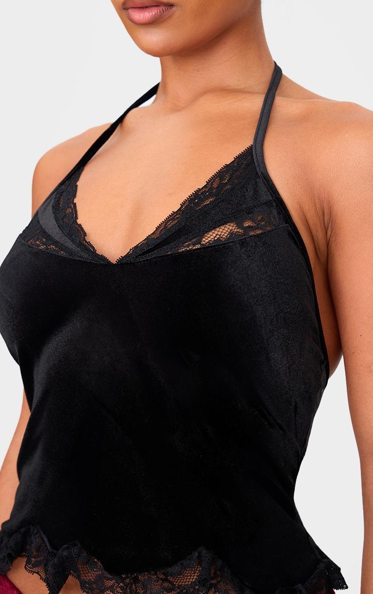 Black Velvet Lace Trim Low Back Halterneck Long Top Product Image