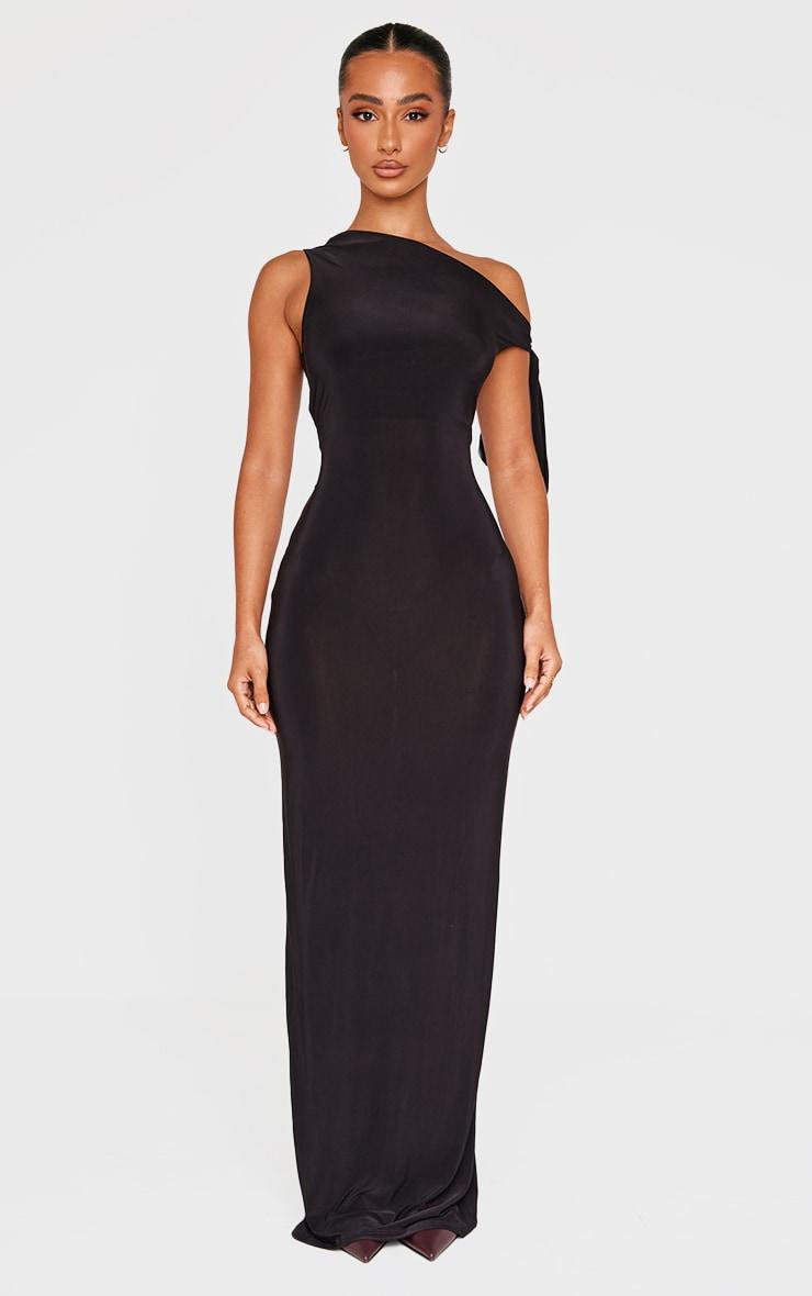 Petite Black Slinky Knot Detail Maxi Dress Product Image