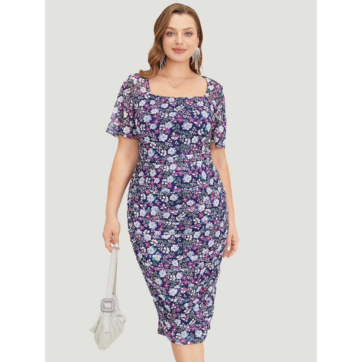 Plus Size Floral Print Ruched Square Neck Dress Stone Women Glamour Gathered Square Neck Short sleeve Curvy Midi Dress BloomChic 10/M Product Image