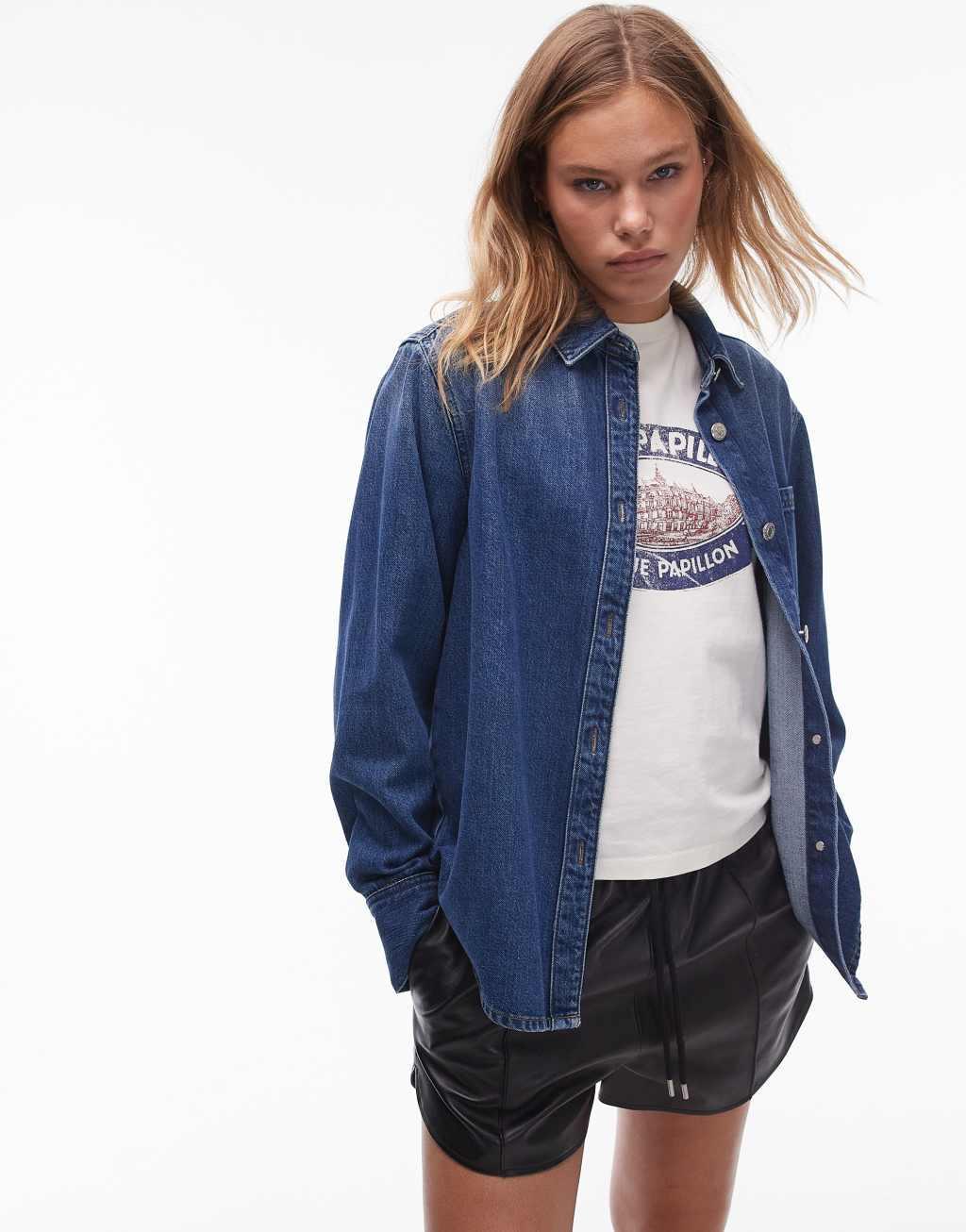 Topshop denim button up shirt in mid blue Product Image