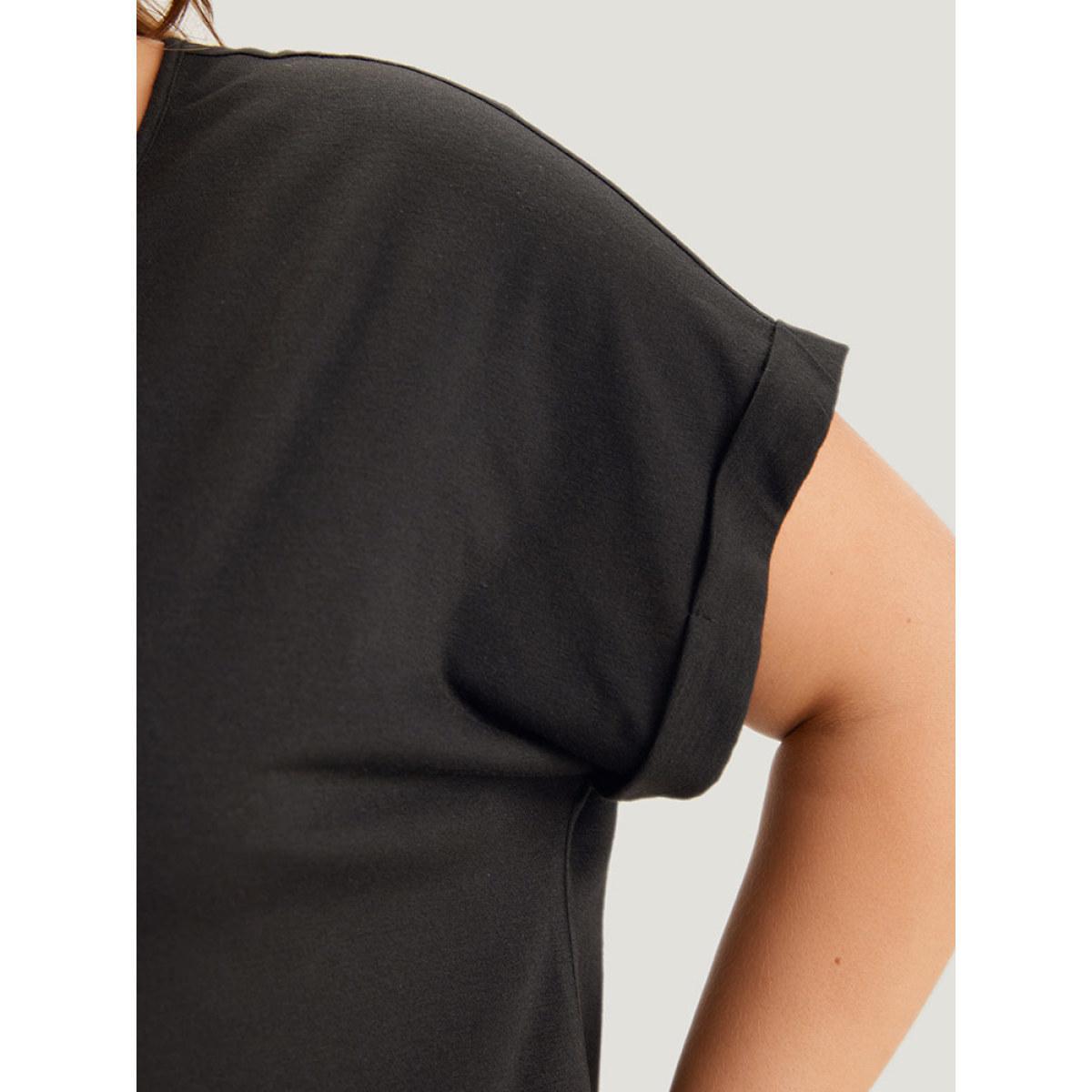 Plus Size Colorblock Contrast Button Detail Roll Batwing Sleeve T-shirt Black Women Casual Contrast Colorblock Scoop Neck Dailywear T-shirts BloomChic 28/5X Product Image