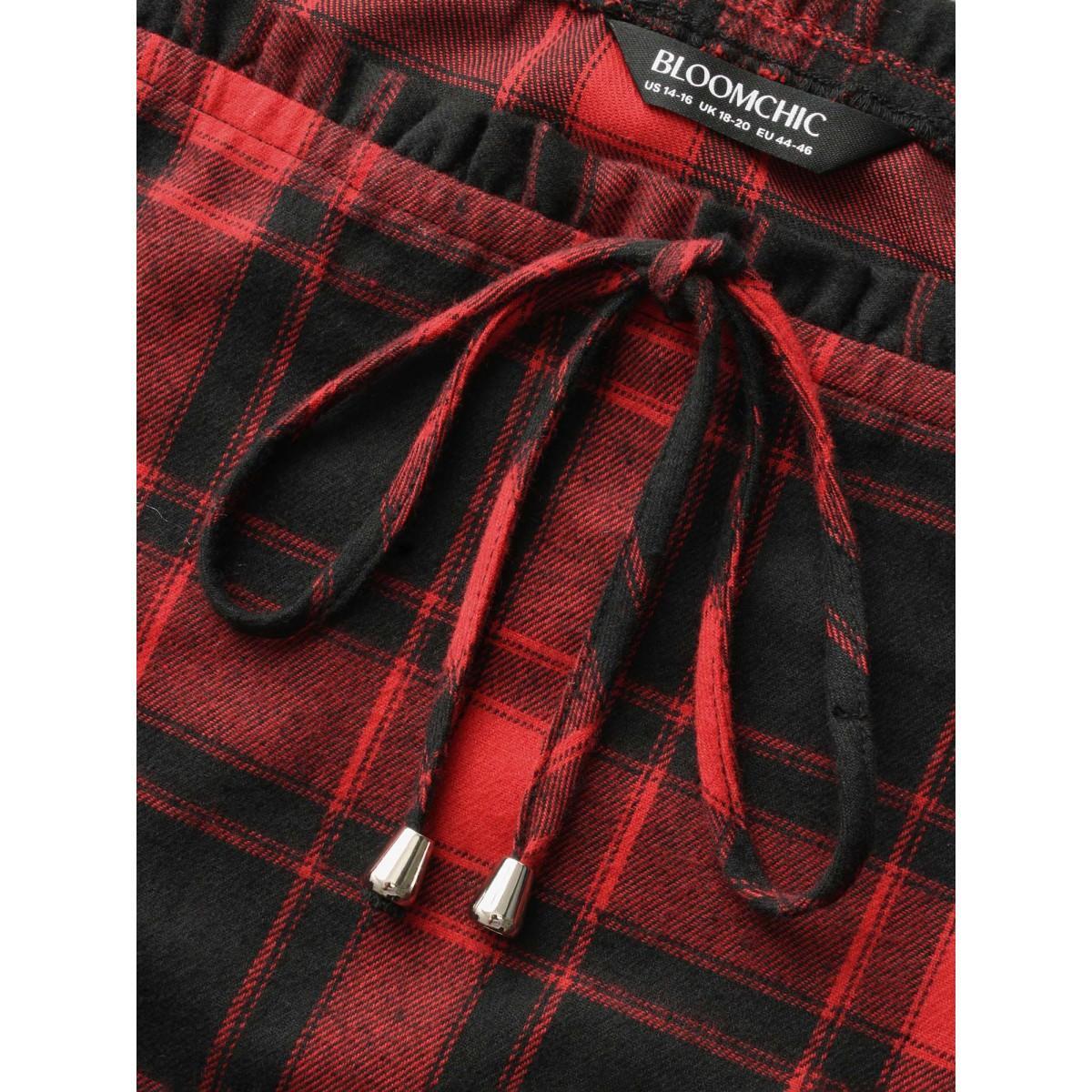 Plus Size Scarlet Mystic Off-Shoulder Slimming Tie Plaid Blouse Women Elegant Elbow-length sleeve One-shoulder neck Everyday Blouses BloomChic 14-16/1X Product Image