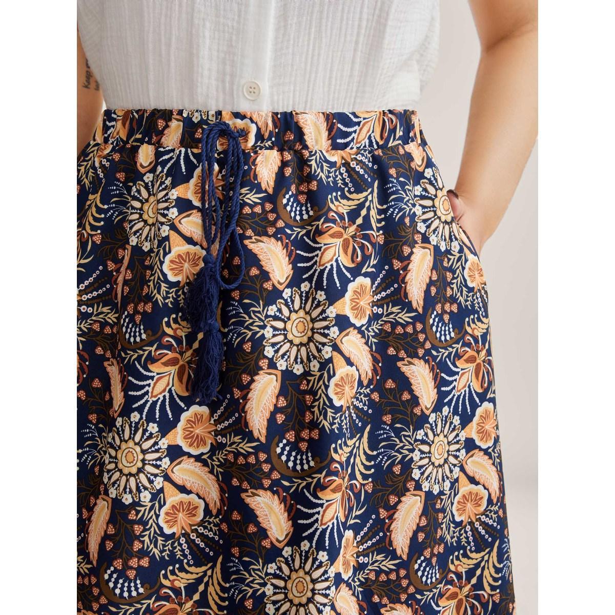 Plus Size Boho Print Tiered A-Line Maxi Skirt Women DarkBlue Loose No stretch Side seam pocket Vacation Skirts BloomChic 10/M Product Image
