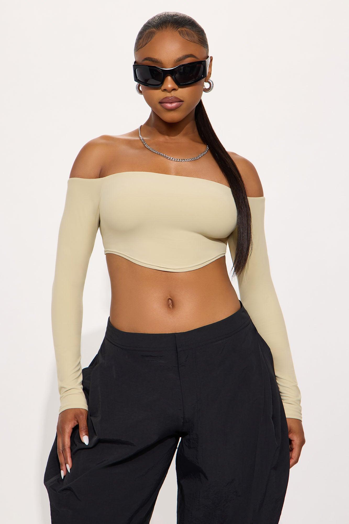 Second Skin Off Shoulder Cropped Top - Stone Product Image