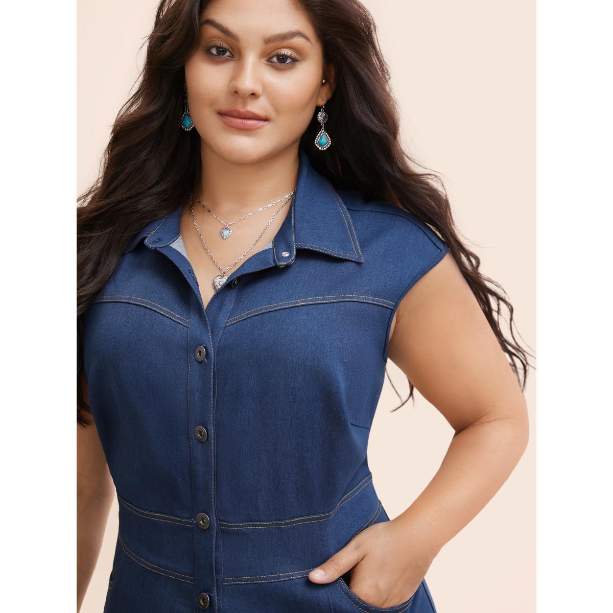 Plus Size Stretch Denim Seamed Flare Jumpsuit Midblue Women Button Medium stretch Vacation Patch pocket Resort Denim Jumpsuits BloomChic 30/6X Product Image