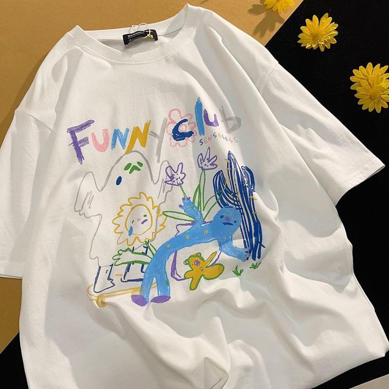 Short-Sleeve Crew Neck Cartoon Print Tee Product Image