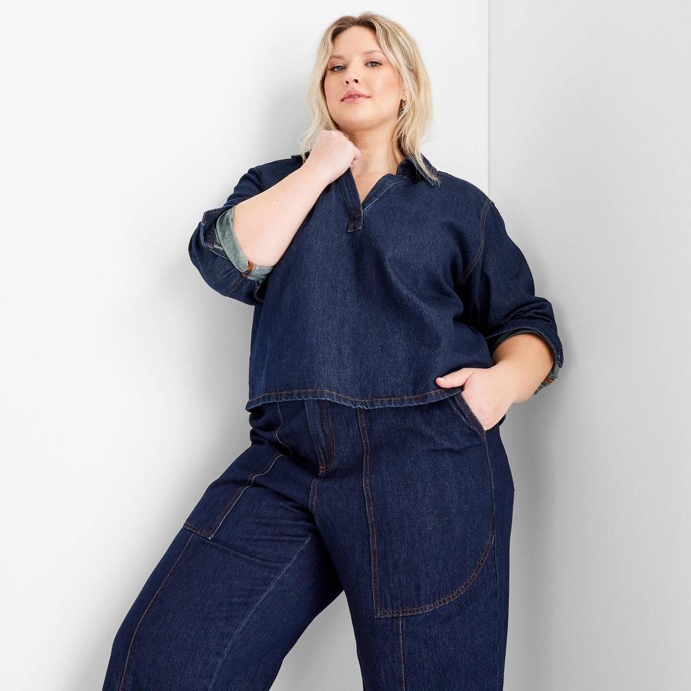 Women's Long Sleeve Popover Top - Future Collective Dark Wash 1X: V Neck, Loose Fit, Midweight, Below Waist Product Image