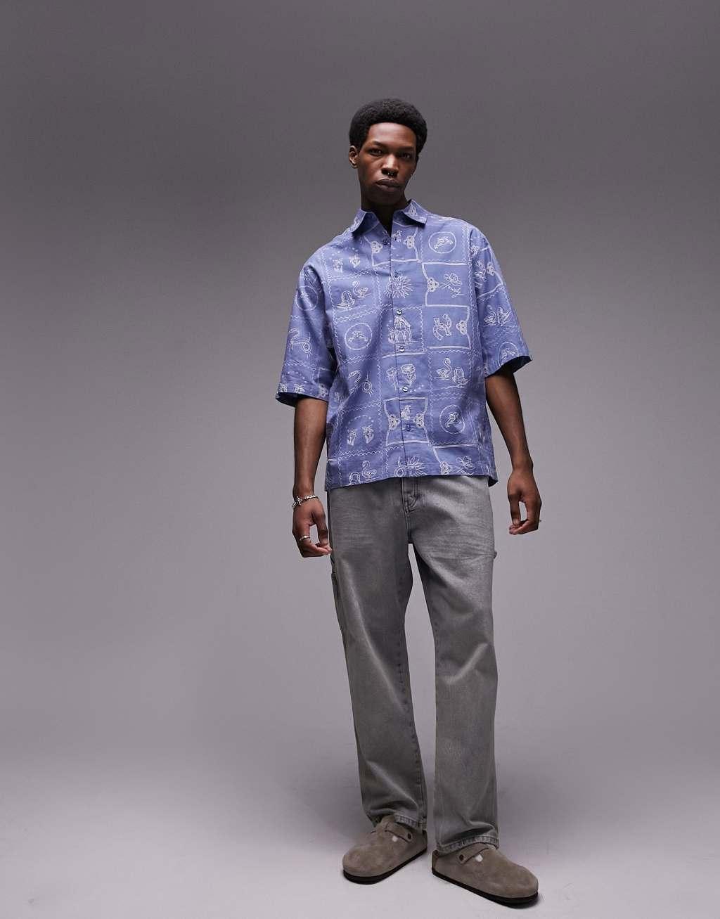 Topman short sleeve all-over embroidered relaxed western shirt in blue Product Image