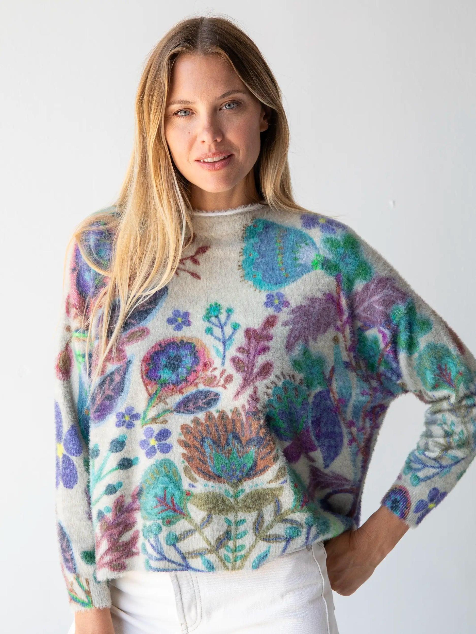 Cashmere-Like Mock Neck Sweater - Ash Folk Flower Product Image
