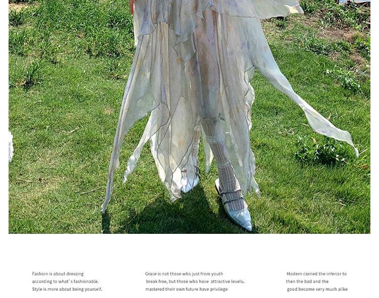Spaghetti Strap V-Neck Tie Dye Asymmetrical Layered Open Back A-Line Dress Product Image