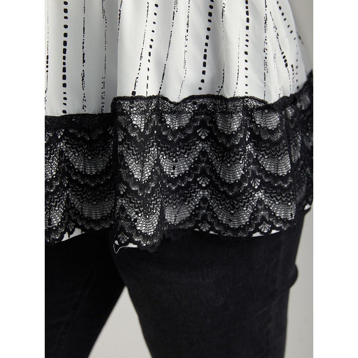 Plus Size White Dot Striped Contrast Lace Elastic Waist Blouse Women Elegant Long Sleeve Round Neck Dailywear Blouses BloomChic 12/L Product Image