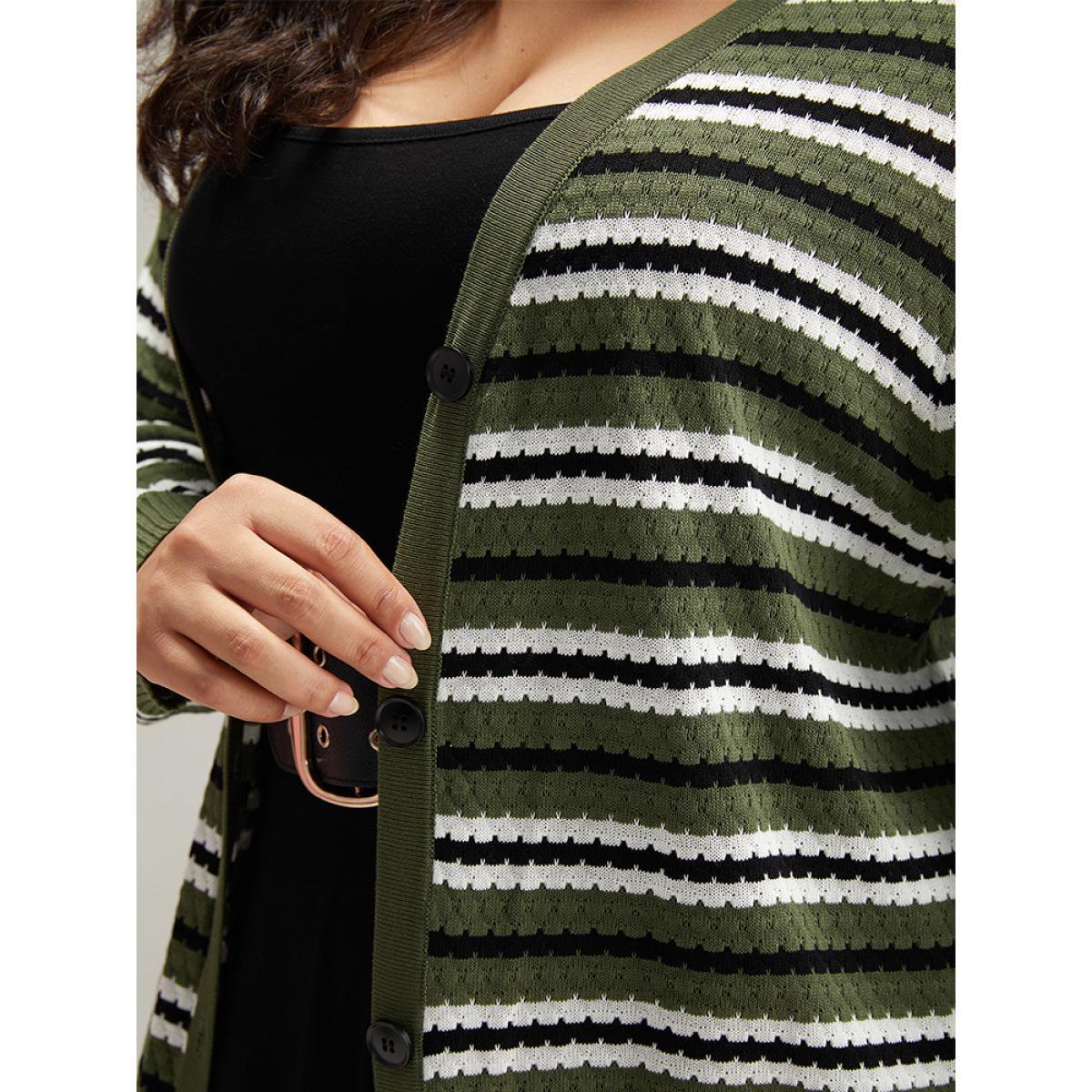 Plus Size Striped Contrast Elastic Cuffs Button Through Cardigan Multicolor Women Glamour Loose Long Sleeve Dailywear Cardigans BloomChic 26/4X Product Image