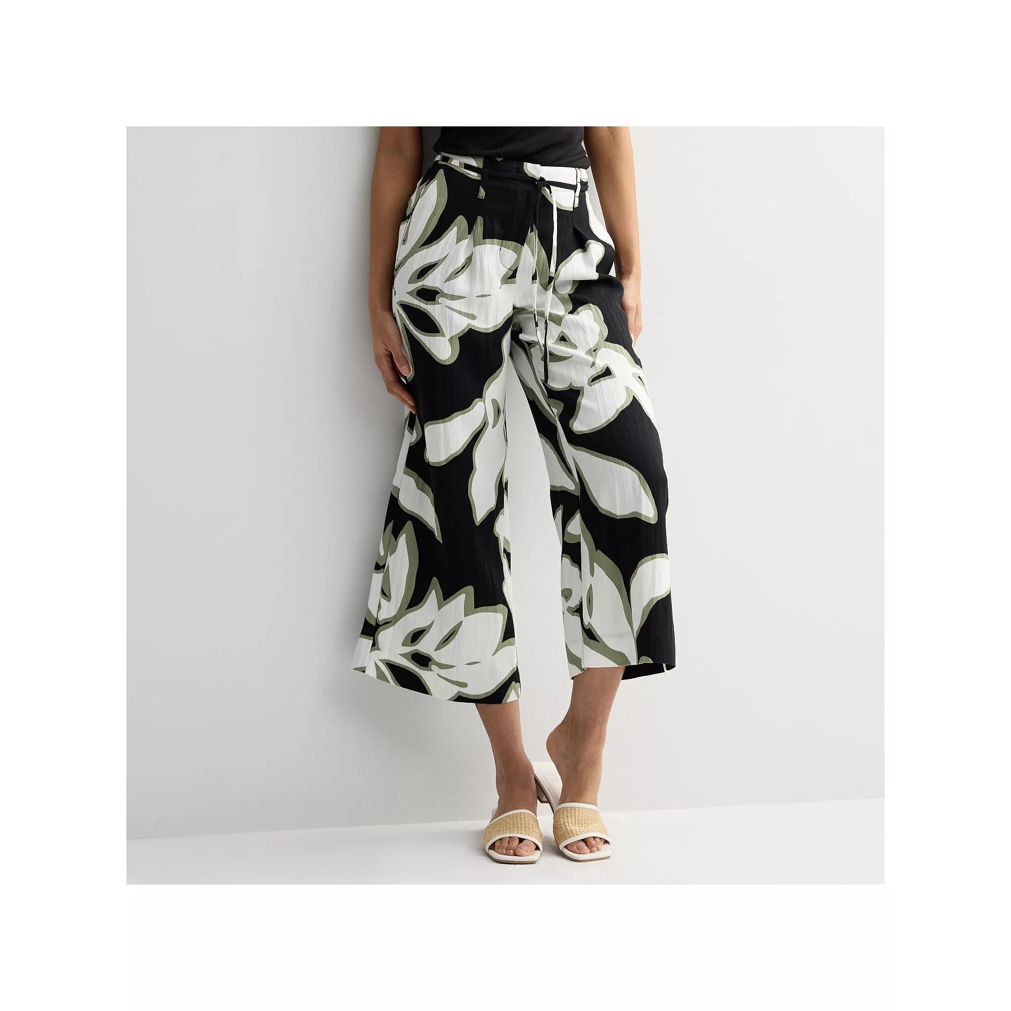 Women's Nine West Tie Waist Wide Crop Pants, Size: 12, Black Safari Leaves Product Image