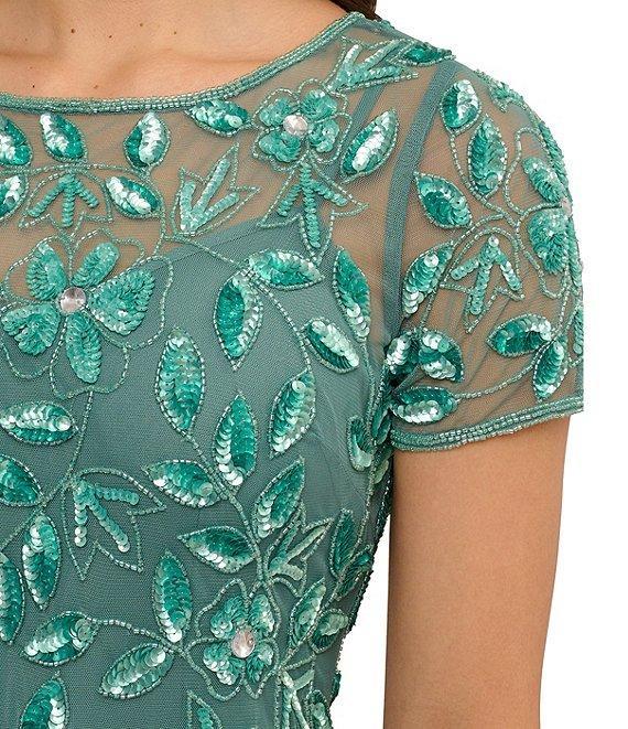 Adrianna Papell Round Neck Short Sleeve Floral Beaded Mesh Godet Fit and Flare Gown Product Image