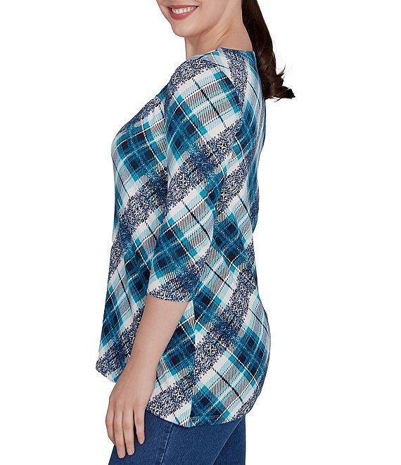 Ruby Rd. Knit Plaid O-Ring Detail Crew Neck 3/4 Sleeve Hatchi Top Product Image