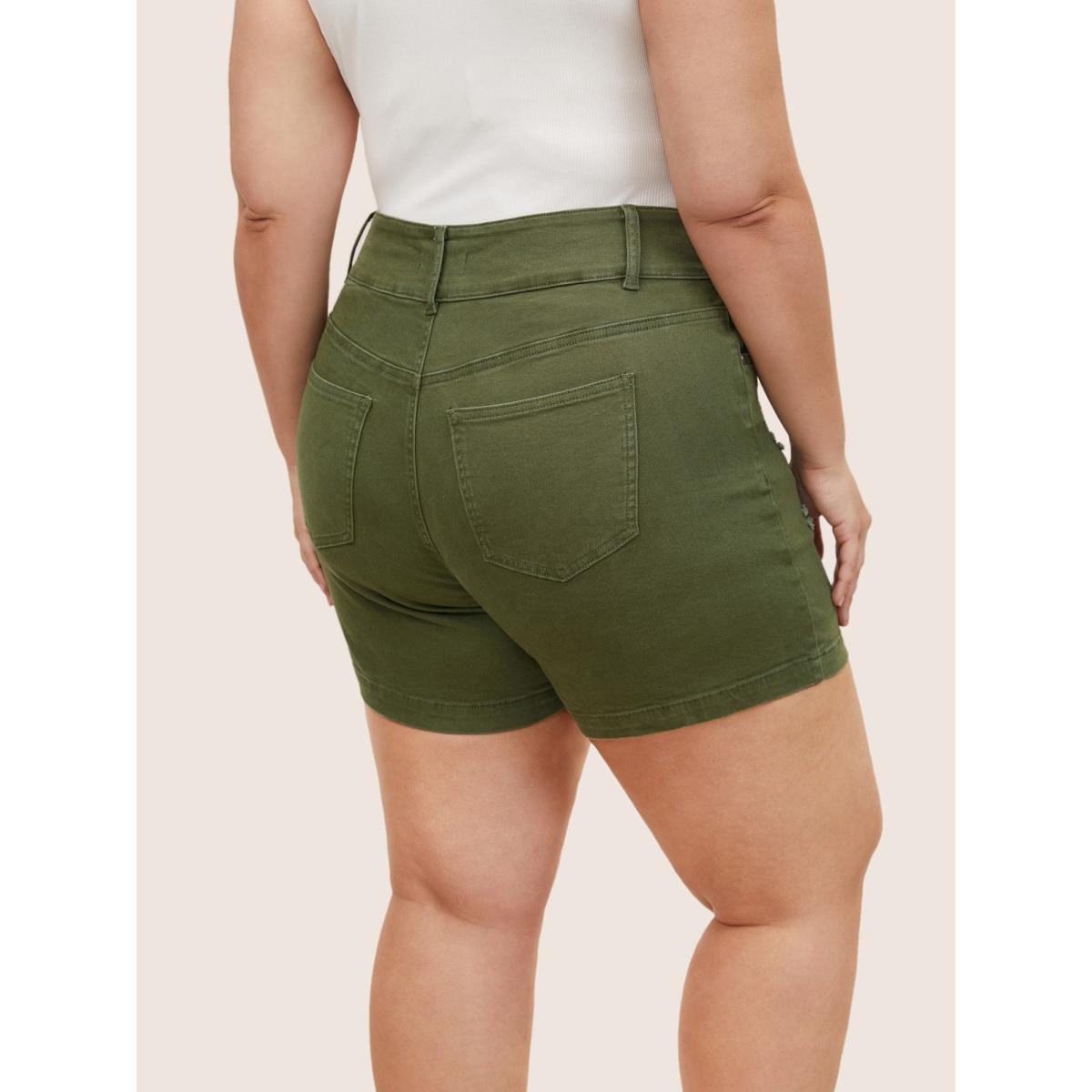 Plus Size Distressed Color Wash Skinny Denim Shorts Women ArmyGreen Non High stretch Everyday Slanted pocket Casual Denim Shorts BloomChic 28/5X Product Image