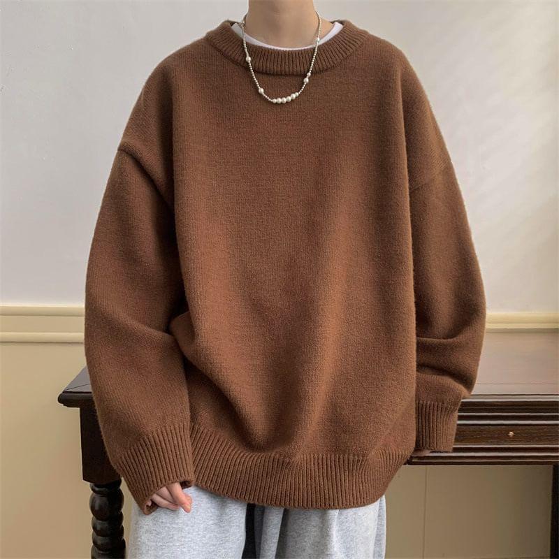Crew Neck Plain Oversized Sweater Product Image