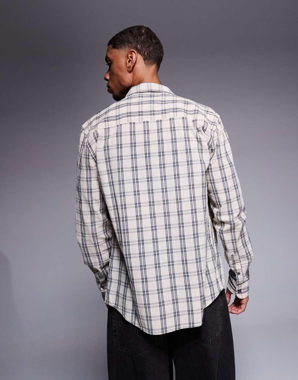 River Island classic plaid shirt in stone Product Image