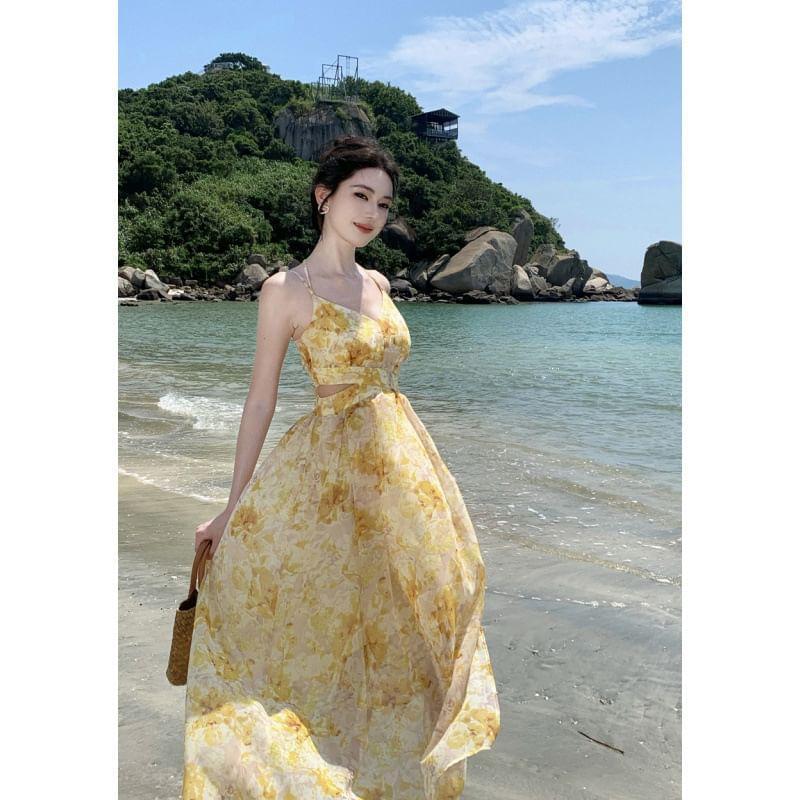 Spaghetti Strap V-Neck Floral Print Maxi A-Line Dress Product Image
