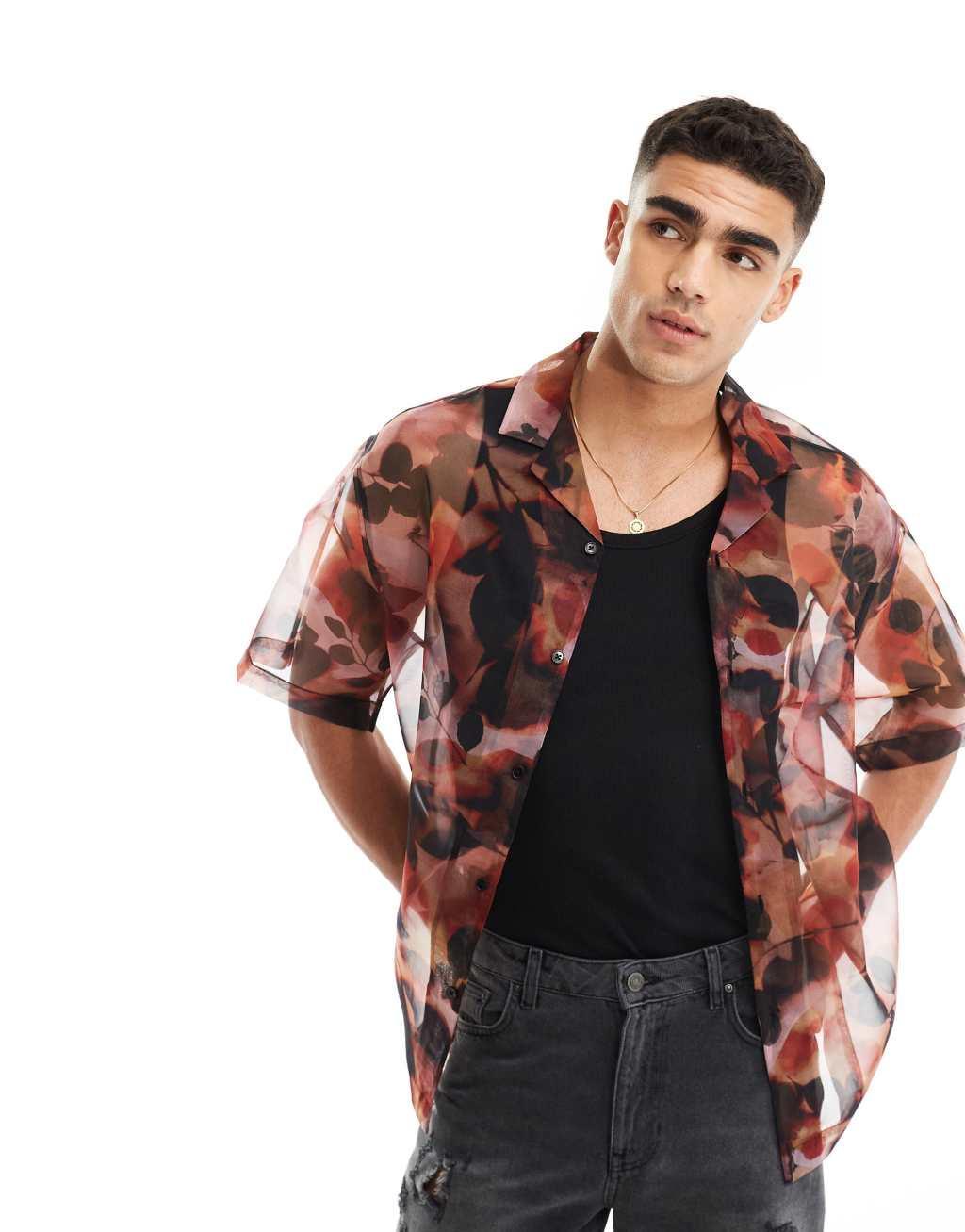 ASOS DESIGN oversized revere shirt with watercolor floral print Product Image