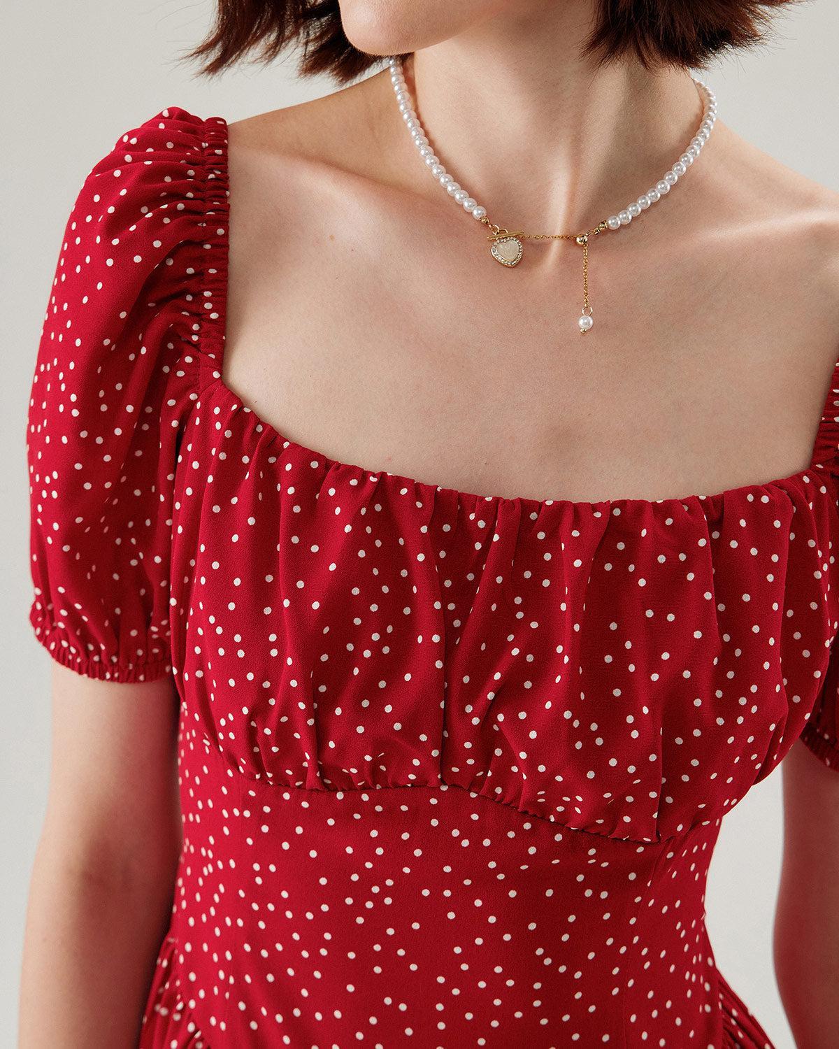 Red Polka Dot Square Neck Mini Dress Product Image
