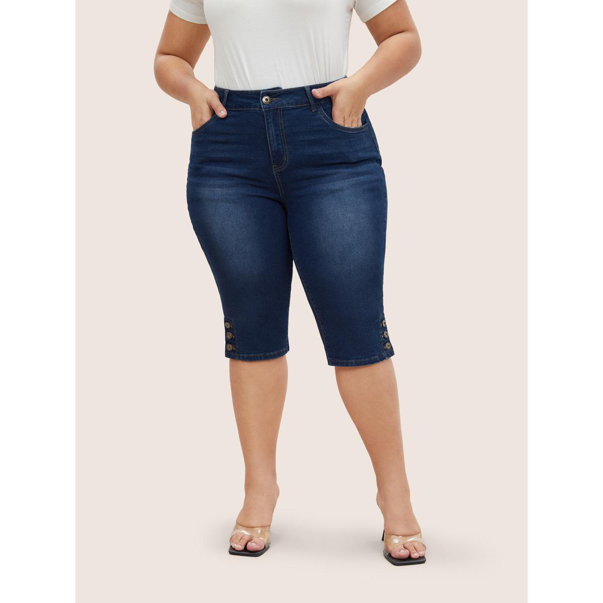 Plus Size High stretch Dark Wash Button Hem Cropped Jeans Women Blue Elegant Button High stretch Slanted pocket Jeans BloomChic 18/2X Product Image