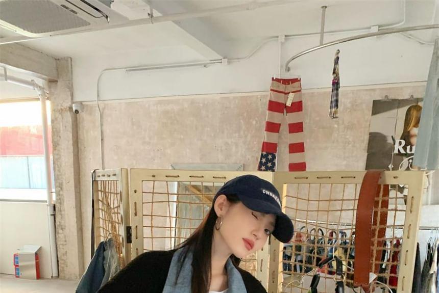 Collared Mock Two-Piece Denim Panel Button-Up Fleece Long Coat Product Image