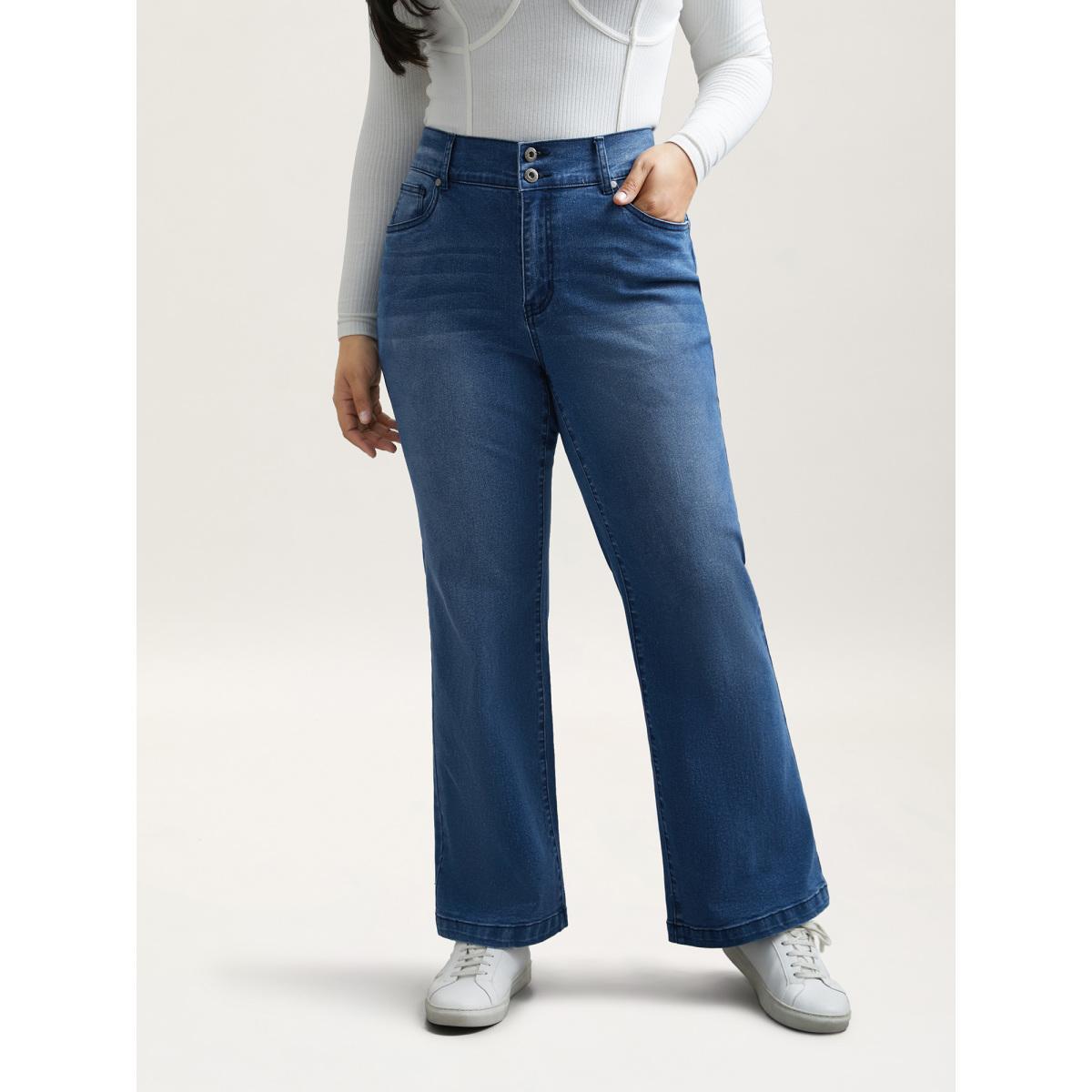 Plus Size Whiskered Stretchy Waist Bootcut Jeans Women Midblue Elegant Button Medium stretch Slanted pocket Jeans BloomChic 10/M Product Image