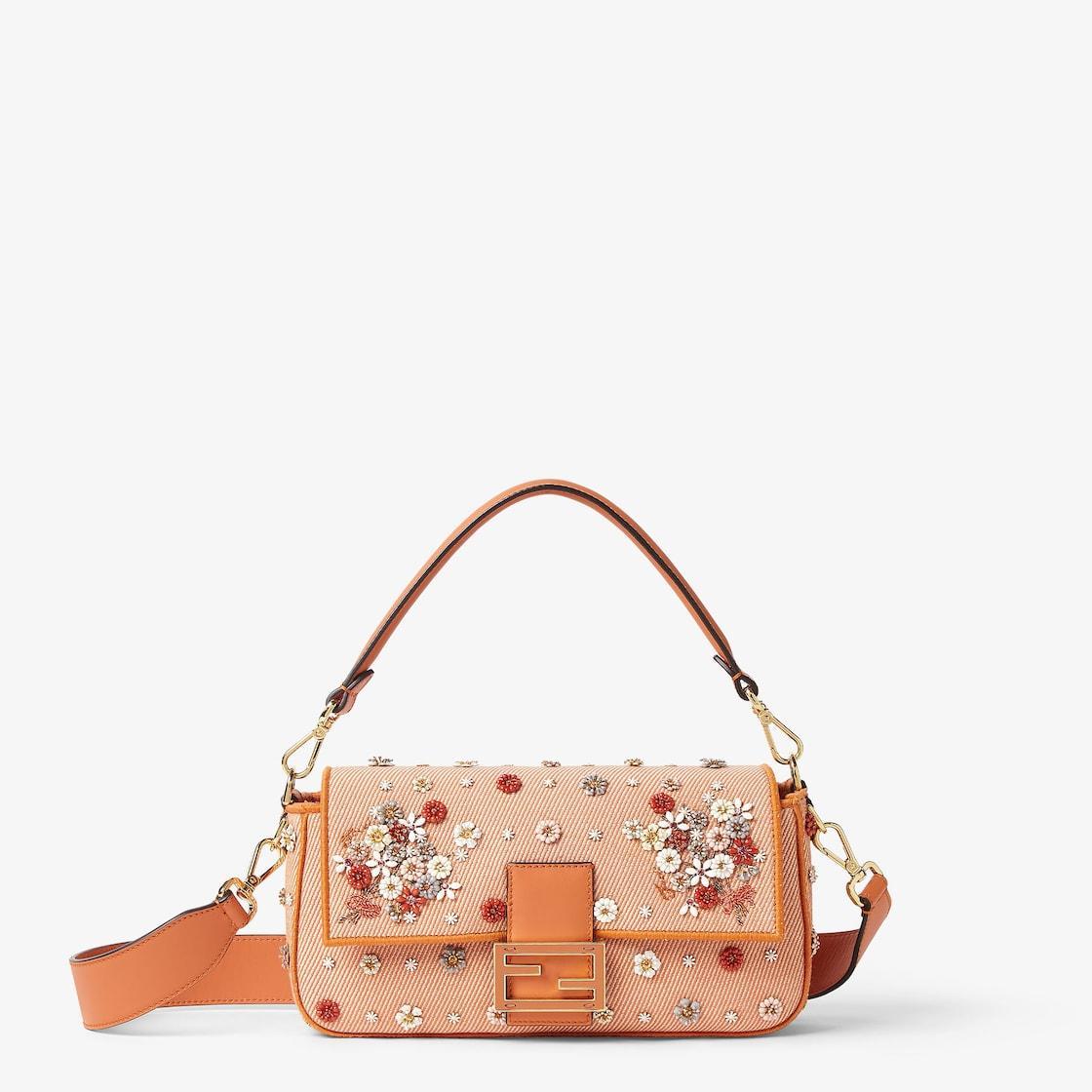 BaguetteFendi Flower Bouquet orange denim-effect jacquard bag Product Image