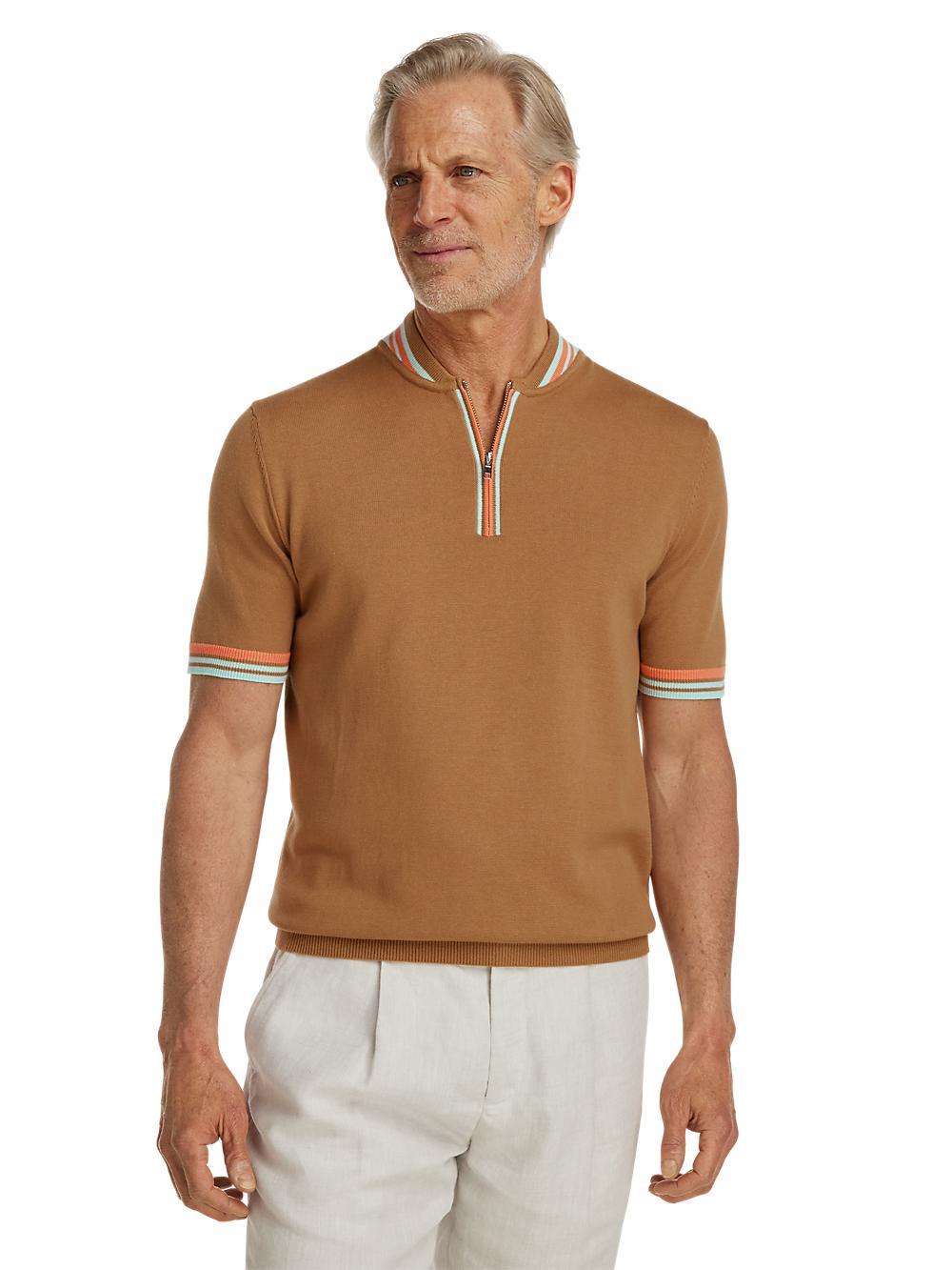 Cotton Quarter Zip Crew Neck Sweater - Brown Product Image