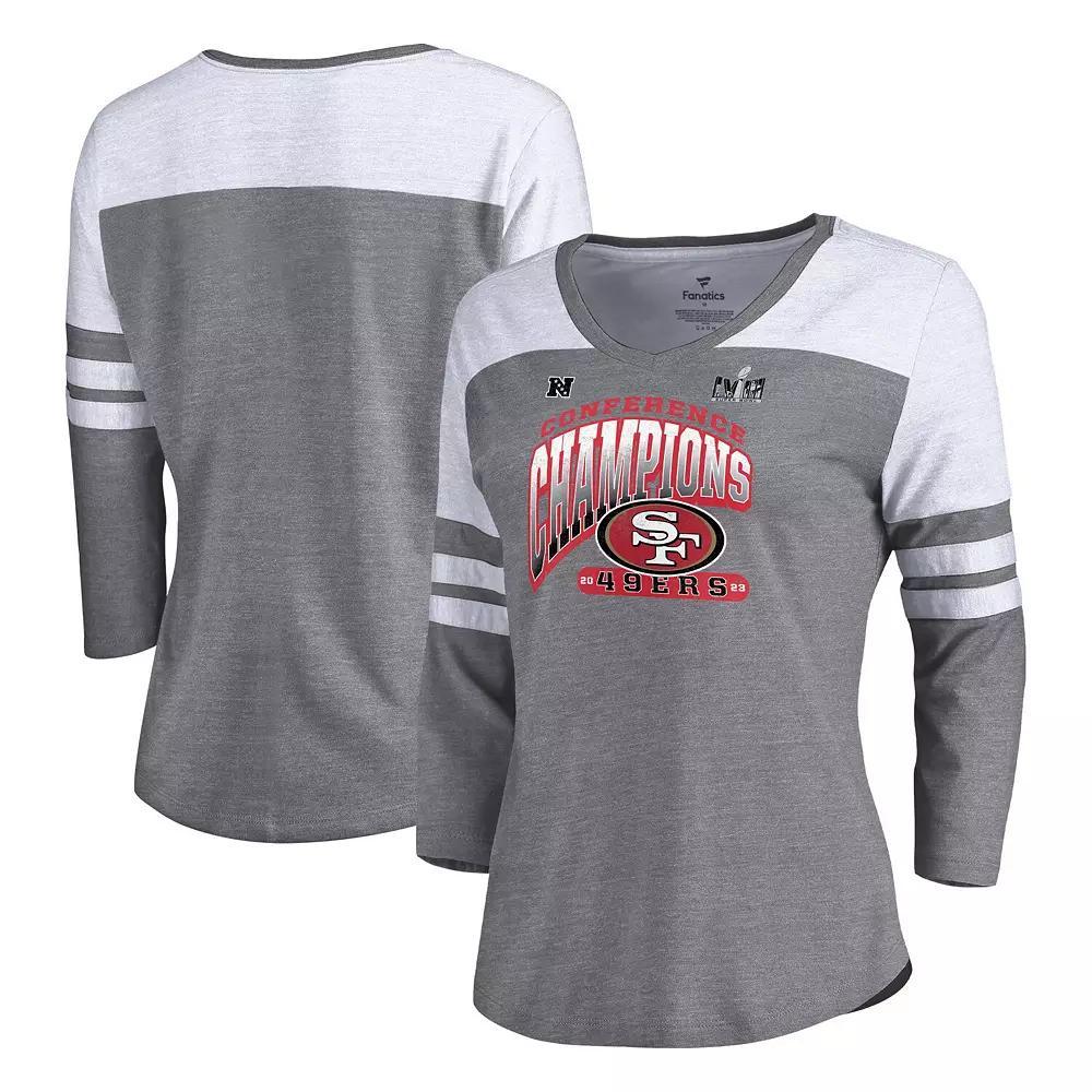 Women's Fanatics Branded  Heather Gray San Francisco 49ers 2023 NFC Champions Hail Mary Tri-Blend 3/4-Sleeve V-Neck T-Shirt, Size: Medium, Grey Product Image