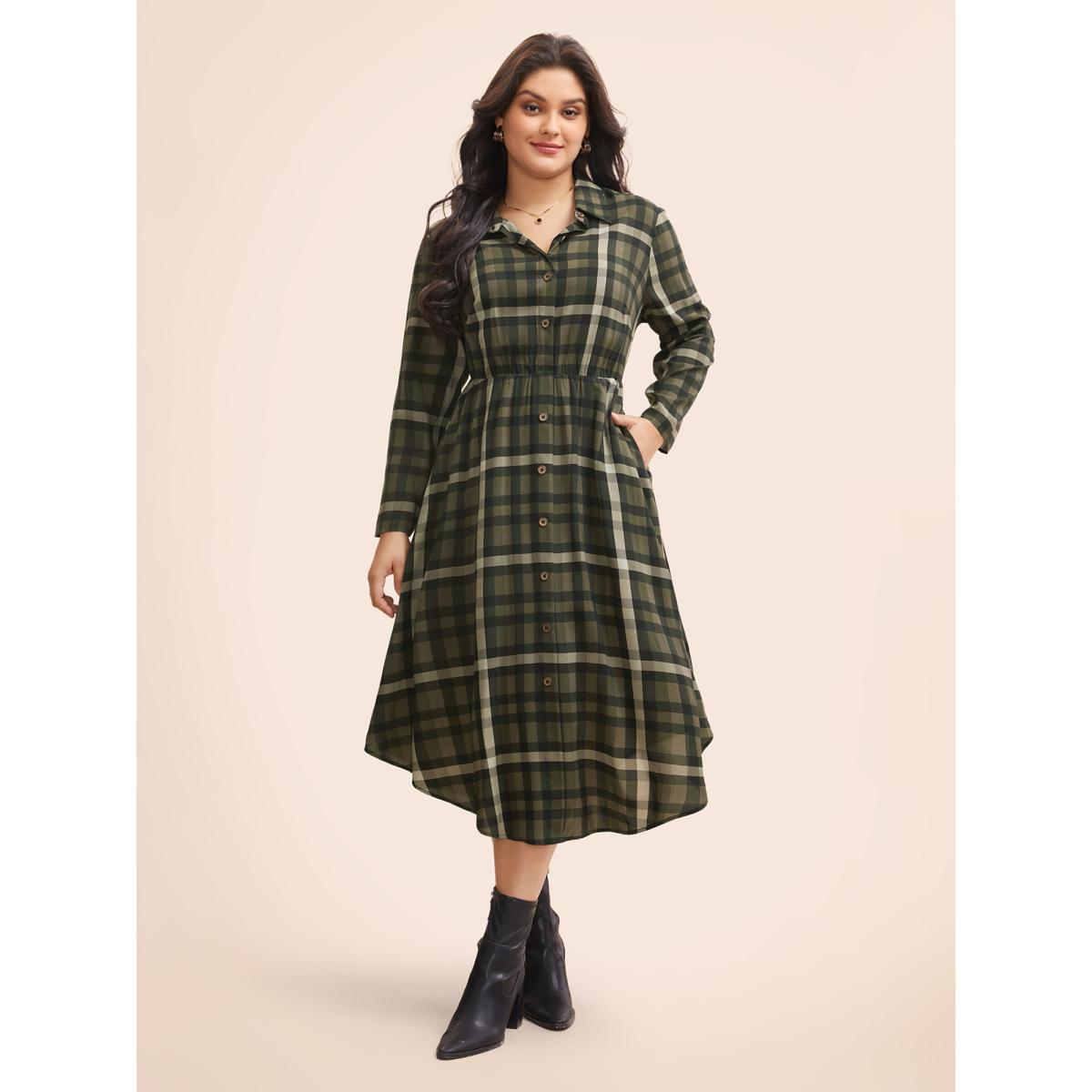 Plus Size Plaid Shirt Collar Curved Hem Dress Yellowishbrown Women Elegant Button Shirt collar Long Sleeve Curvy BloomChic 28/5X Product Image