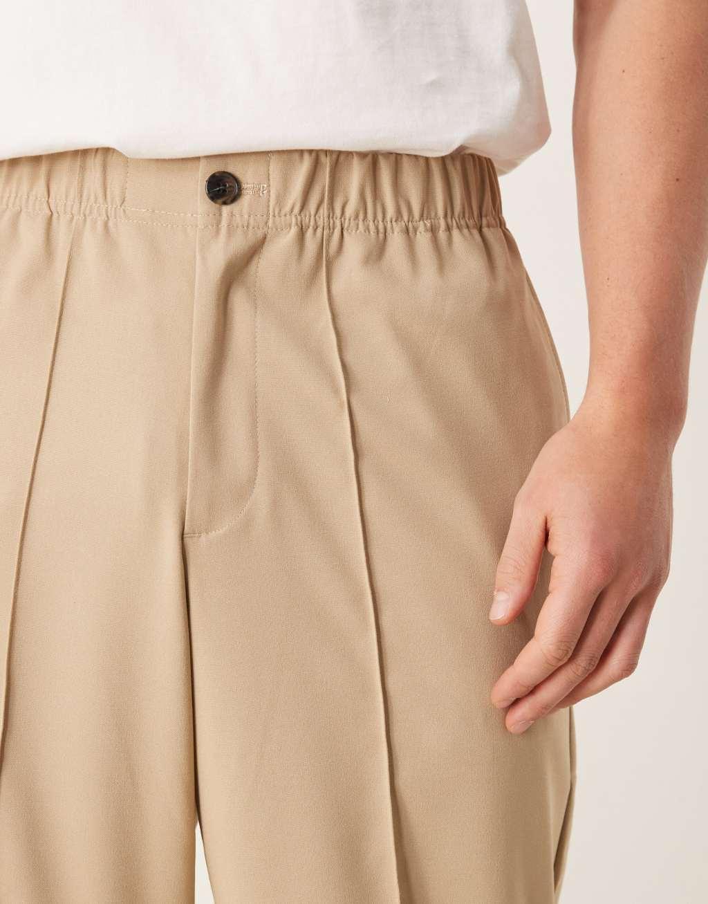 ASOS DESIGN smart wide leg pants with pintucks in stone with half elastic waist Product Image